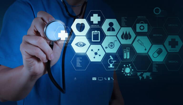 Medicine doctor with modern computer interface